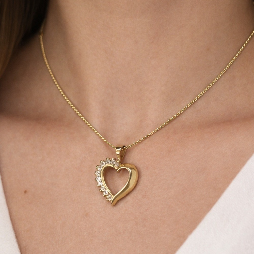Heart Pendant Womens OS Gold 14K Diamond Open Heart With Gold Tone Chain